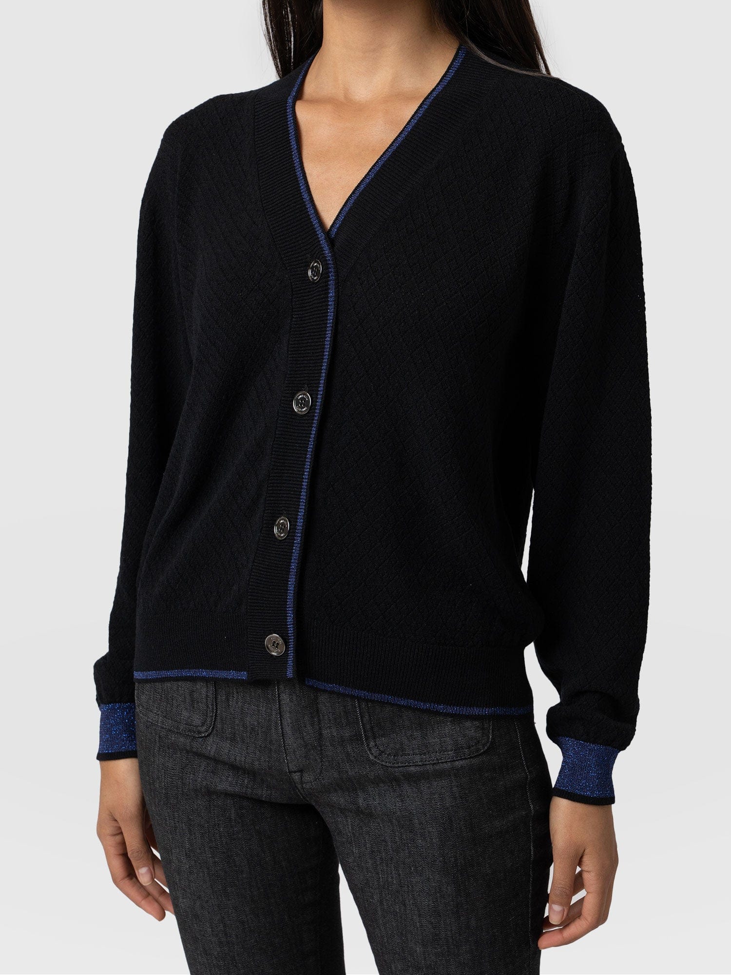 Diamond Knit Cardigan - Black with Navy